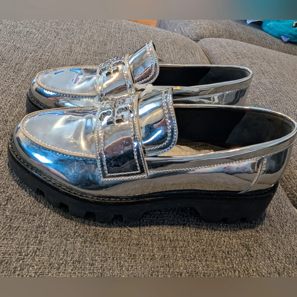 Tory Burch Silver Metallic Lug Sole Loafers